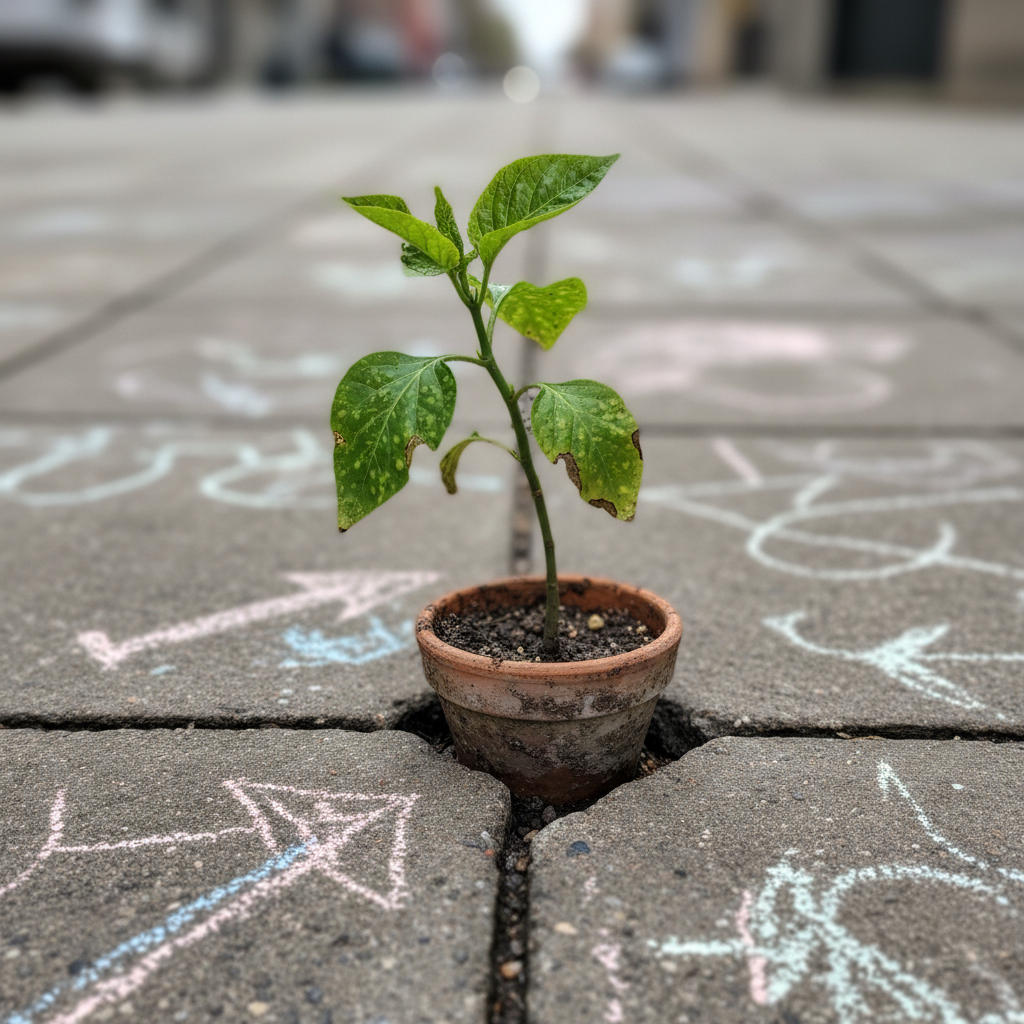 A small potted plant with a slightly crooked stem and a few imperfect, spotted leaves pushing through a crack in a concrete sidewalk. The pot itself is chipped and a little muddy, with traces of past rain, yet the new sprout at the top is vivid green and reaching toward the sky. Surrounding concrete slabs show faint chalk scribbles, arrows, and whimsical shapes, hinting at playful brainstorming. Diffused overcast light creates soft, even illumination, with gentle shadows in the crack and subtle moisture sheen on the concrete. Shot from a close, slightly elevated angle with shallow depth of field so the plant is crisp against a creamy, blurred background. The mood is quietly triumphant and honest, rendered in photographic realism to symbolize real, imperfect transformation and growth from tough circumstances.