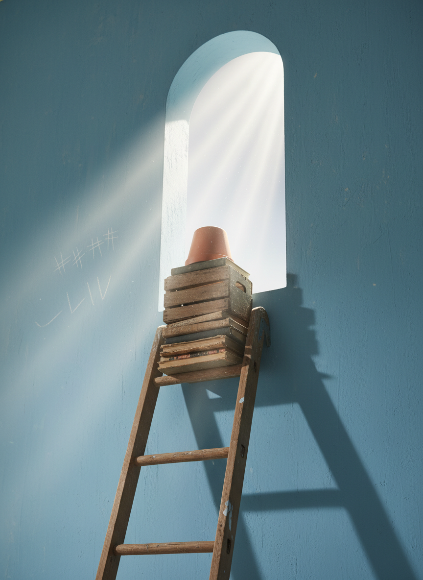 A simple wooden ladder that stops one step too short of a wide, bright opening in a high wall, with a quirky stack of everyday objects—books, a sturdy crate, and an upside-down flower pot—carefully arranged beneath the last rung to bridge the gap. The wall is painted a soft, calming blue with visible roller streaks, and faint chalk tally marks nearby hint at previous attempts and failures. Sunlight from above spills through the opening, creating a dramatic shaft of light and crisp shadows of the ladder and stacked objects on the wall. Captured from a low angle looking up, emphasizing height and improvisation. The mood is humorous, resourceful, and optimistic, in clean photographic realism, perfectly echoing the playful courage it takes to hack your way past self-doubt.