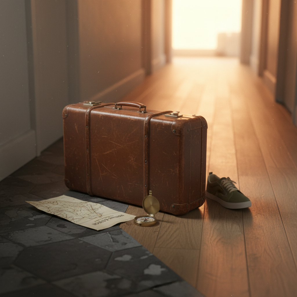 A closed, slightly dented vintage suitcase sitting in the middle of a small hallway where the floor transitions from worn, dark tiles to bright, sunlit hardwood. Scattered around the suitcase are travel-sized items: a loosely rolled map, a single comfortable sneaker, and a tiny toy compass pointing toward the light, all subtly suggesting big life leaps and risks. Golden hour sunlight streams in from an unseen window ahead, illuminating dust motes and casting a warm glow on the hardwood while the tiled side remains in soft shadow. Shot from a low, three-quarter angle with the suitcase framed on the rule of thirds, giving strong depth down the hallway. The mood is adventurous and a bit cheeky, in photographic realism, capturing the threshold moment of deciding to finally move.