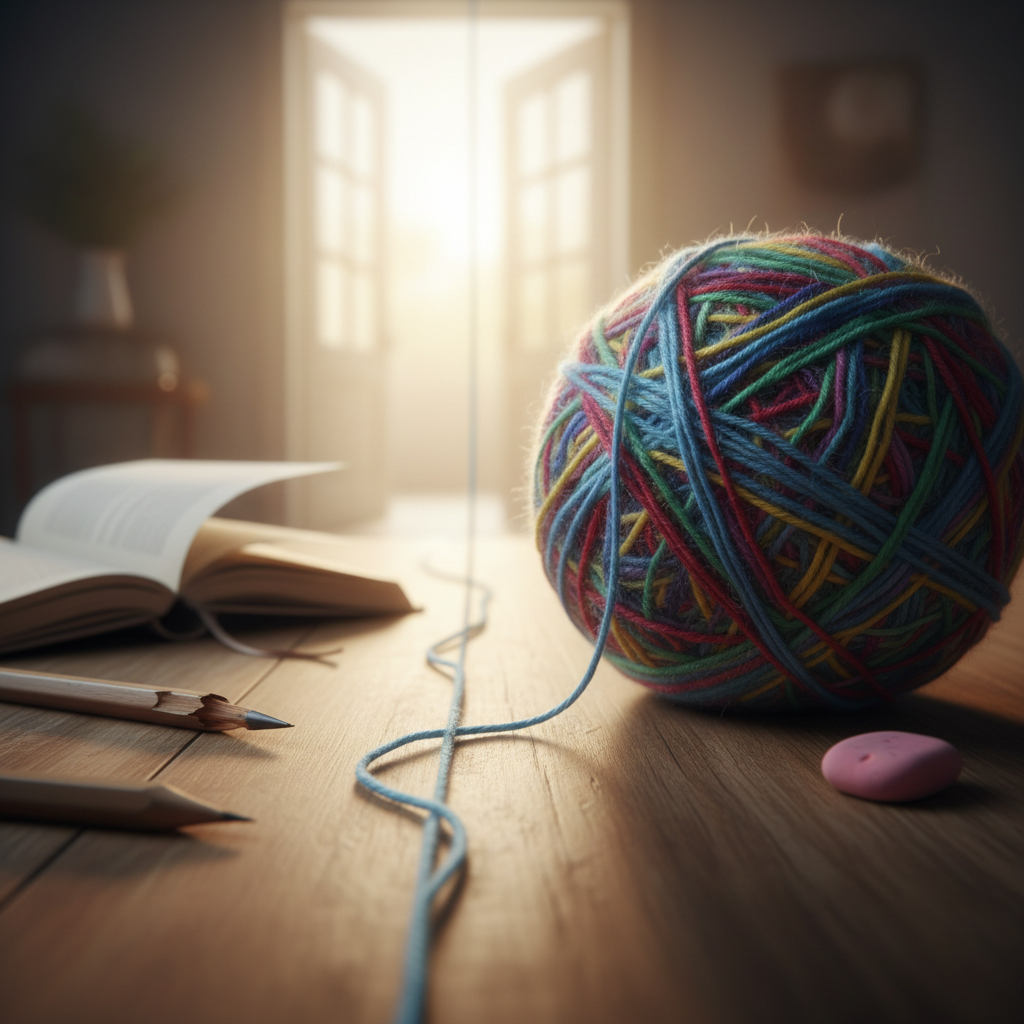 A well-worn, tangled ball of multicolored yarn resting on a smooth wooden table, with one single thread carefully laid out in a long, straight path that leads toward a bright, open doorway in the background. Around the yarn sit an overturned notebook, a snapped pencil, and an eraser worn to a nub, quietly echoing self-doubt and past attempts. Soft morning light pours through the doorway, creating a gentle glow along the straightened thread and subtle bokeh in the distance. Captured from a low, close-up angle with shallow depth of field, emphasizing texture in the fibers and wood grain. The mood is hopeful and slightly humorous, using photographic realism to symbolize the honest, imperfect journey from stuck confusion to clear forward motion.