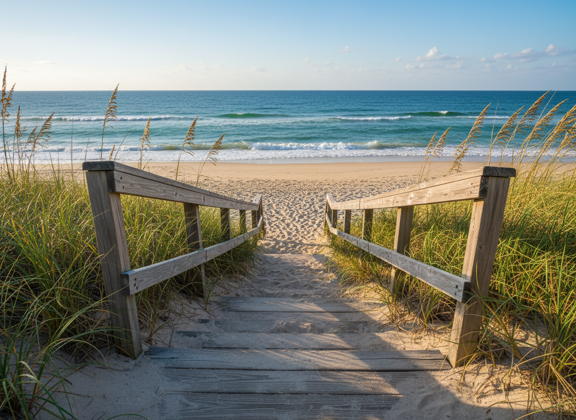 Wooden steps leading down to a perfect, pristine beach on a sunny day.