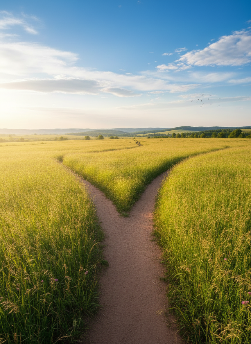 A wide lush green field with a main path that clearly forks and branches into multiple distinct pathways going off in very different directions — one veering left, one going right, one continuing straight ahead into the distance, bright warm sunshine, golden light, vivid blue sky, a few fluffy white clouds, small birds flying in the sky, peaceful and hopeful atmosphere, photorealistic landscape