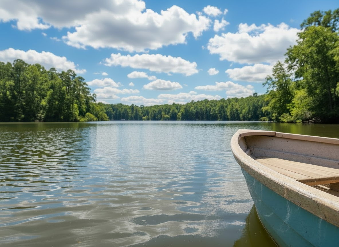 A huge, serene lake on a sunny day with a few fluffy white clouds in a bright blue sky. Trees line the edges of the lake. On the right side of the image, exactly half of a beautiful cute boat is clearly visible in the frame, showing its full width from the centre. The boat is prominent and detailed. The overall mood is peaceful, warm, and inviting. No butterfly.
