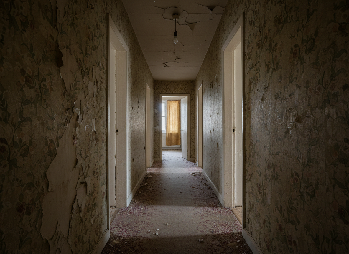 Dark hallway with threadbare carpet, peeling wallpaper, and tatty doors