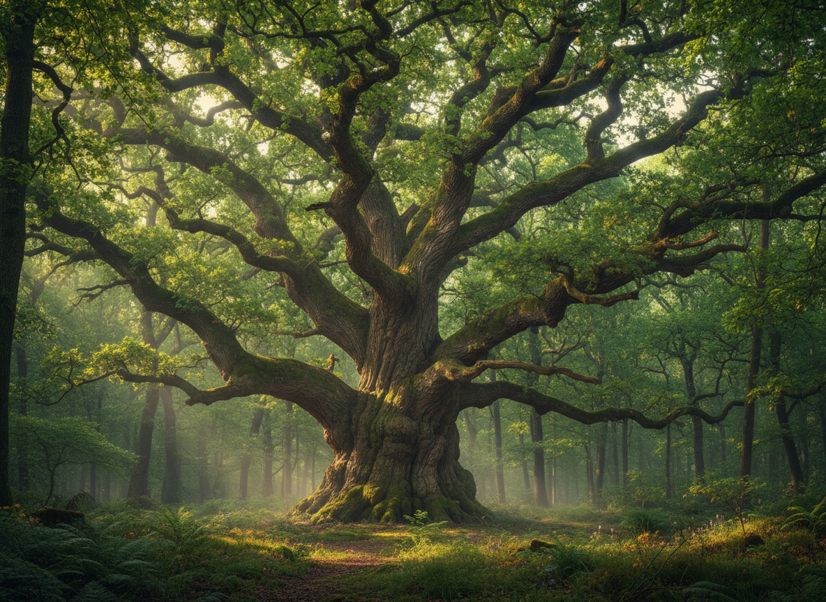 A majestic oak tree standing tall in a forest