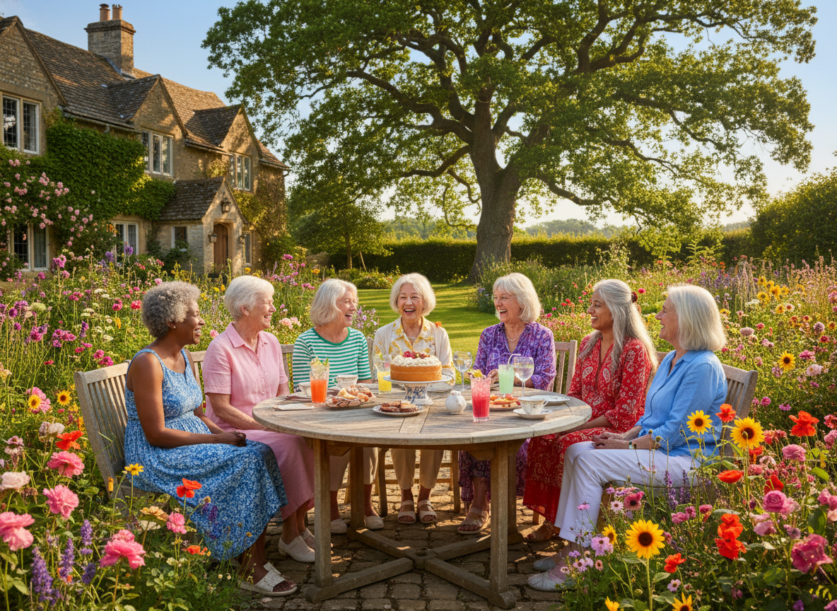 A wide-angle view of a beautiful lush English country garden in full bloom, bursting with colourful flowers — pinks, purples, yellows, and reds. In the background there is a lovely country house and a large impressive tree. The garden takes up most of the image. In the centre middle distance, a group of around 7-8 elderly women are all seated together around one big table outdoors, laughing and having a wonderful time. The group is diverse — including 1 Black elderly woman, 1 Asian elderly woman, and 1 Indian elderly woman naturally integrated into the group alongside the other women. NONE of the women are looking at the camera — they are all facing each other, laughing and chatting amongst themselves. Each woman is wearing completely different clothing — a variety of summer dresses, cardigans, blouses, and casual tops in different colours and patterns. Each woman has a distinctly different hairstyle — some with short grey hair, some with white curly hair, some with a neat bob, some with hair pinned up, some with longer silver hair. The table is laid with cake, teacups, glasses of gin and colourful drinks. The women are centred in the frame with the house and tree visible behind them. Bright, warm, sunny day. Photorealistic.